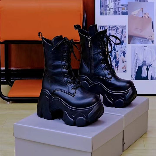 Botas martin de 8cm mais altas para mulheres, nova plataforma de sola grossa, salto super alto, botas curtas para motocicleta, 2023