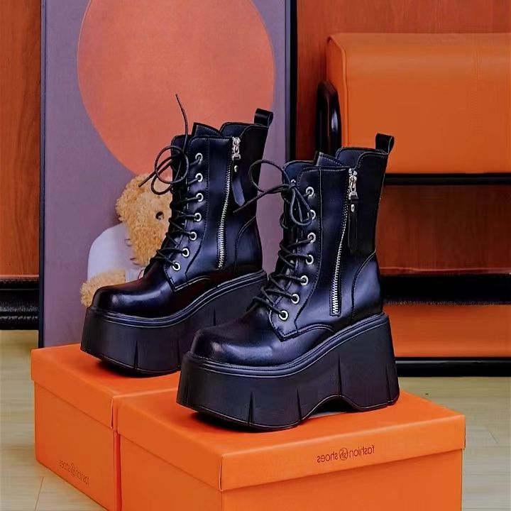 Versatile high-heeled motorcycle short boots for women autumn new thick-soled heightening Martin boots