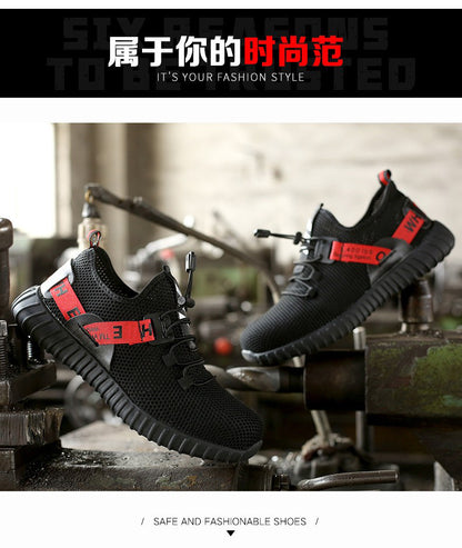 Labor protection shoes for men with anti smashing and anti piercing steel head flying weaving, lightweight, comfortable, wear-resistant, oil resistant, and anti slip work site safety shoes